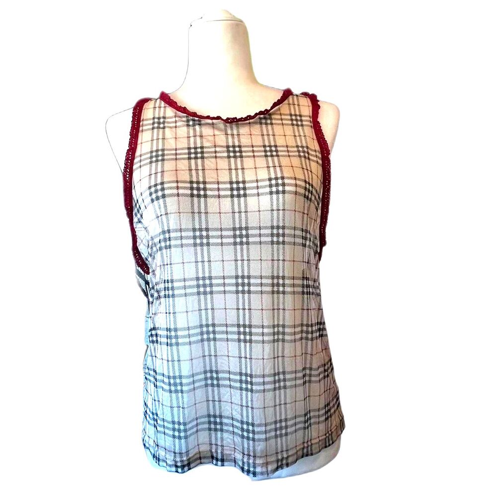 y2k Burberry Women's Mesh Tank Top Large Made in Italy Tan Red BlK Tartan Plaid